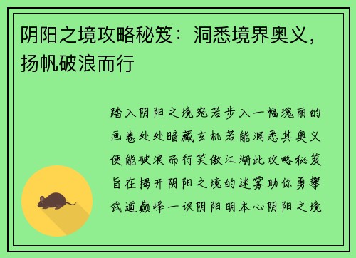 阴阳之境攻略秘笈：洞悉境界奥义，扬帆破浪而行